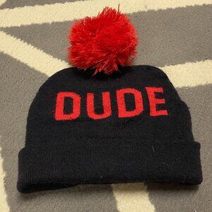 Winter Hat DUDE Black Hat with Red Pom